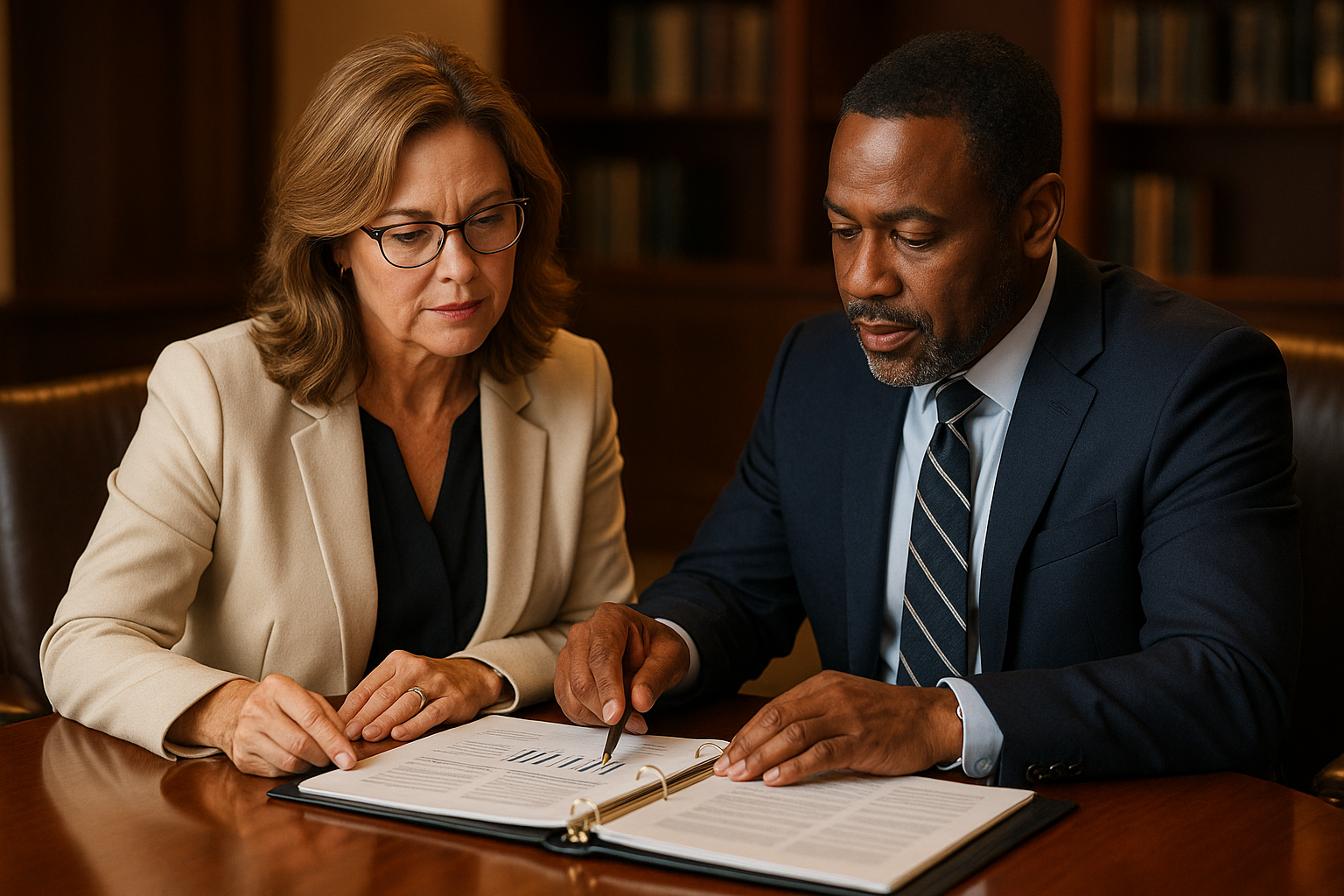 Business broker consulting with client over financial documents